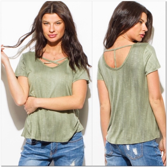 NEW Olive Green Acid Washed Cut-Out Top - Picture 2 of 4
